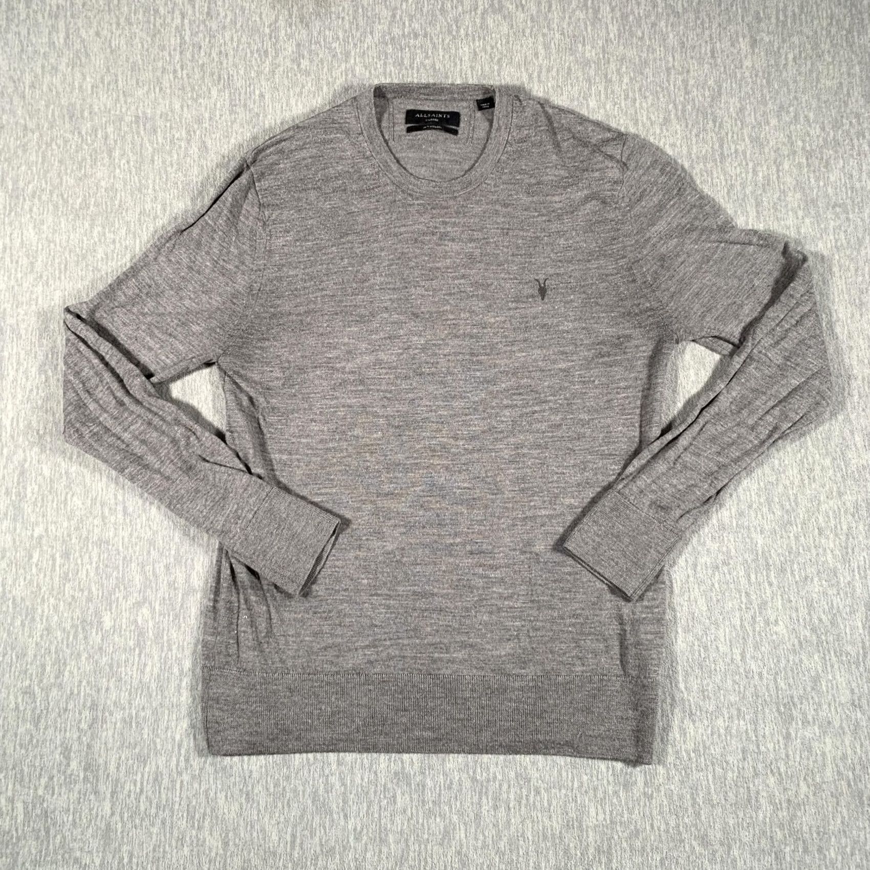 Allsaints VINTAGE? AllSaints Sweater Mens XL Gray 100% Merino Wool Crewneck Logo Knit Lightweight Ribbed Cuffs Hem Neckline Mens Size US XL / EU 56 / 4 - 2 Thumbnail