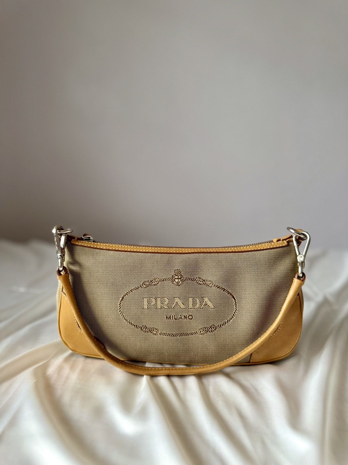 Prada Brown Tan Jacquard Canvas Pochette Shoulder Bag Small, Women's