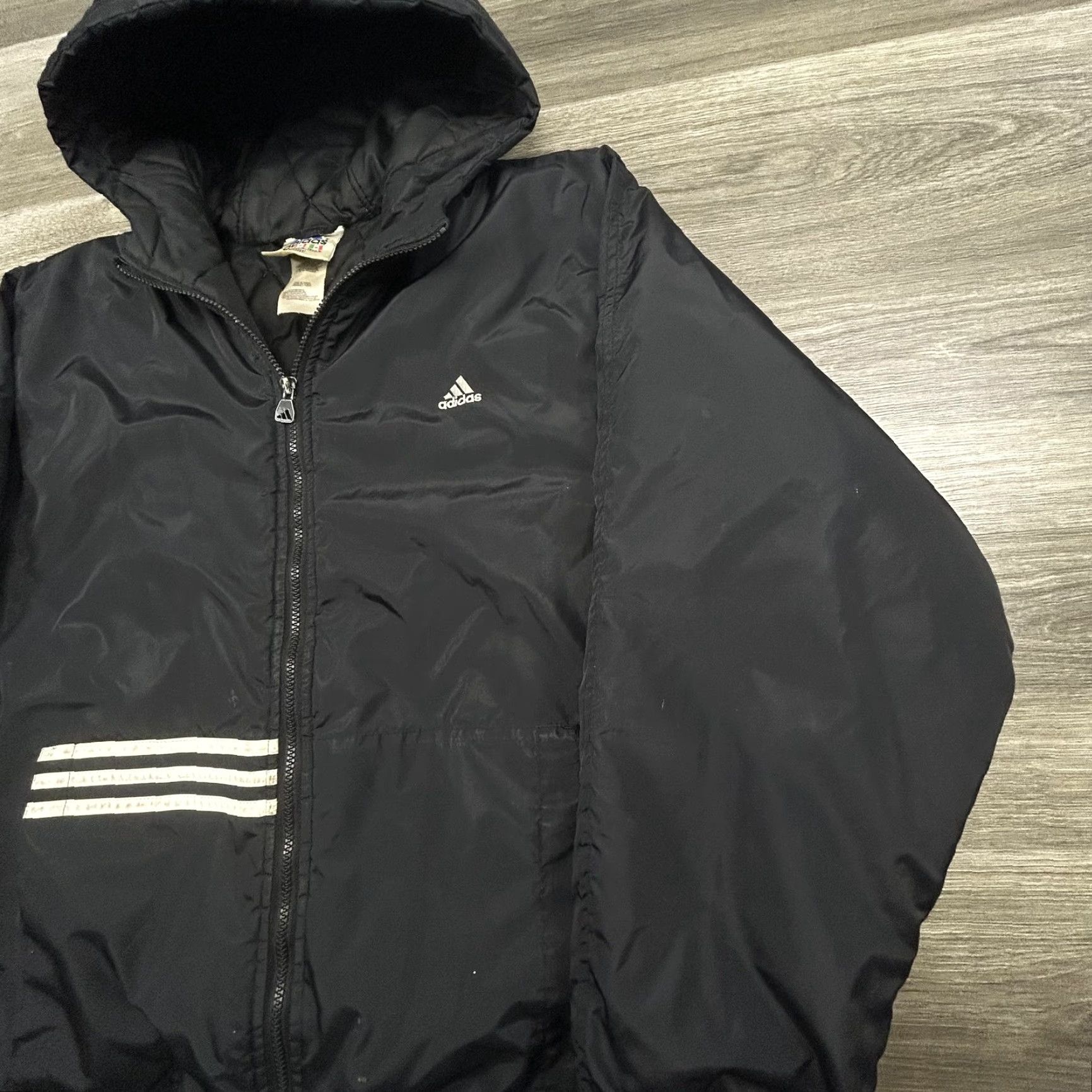 VINTAGE Adidas Jacket Mens Medium Black Hooded Insulated Full Zip Puffer Coat