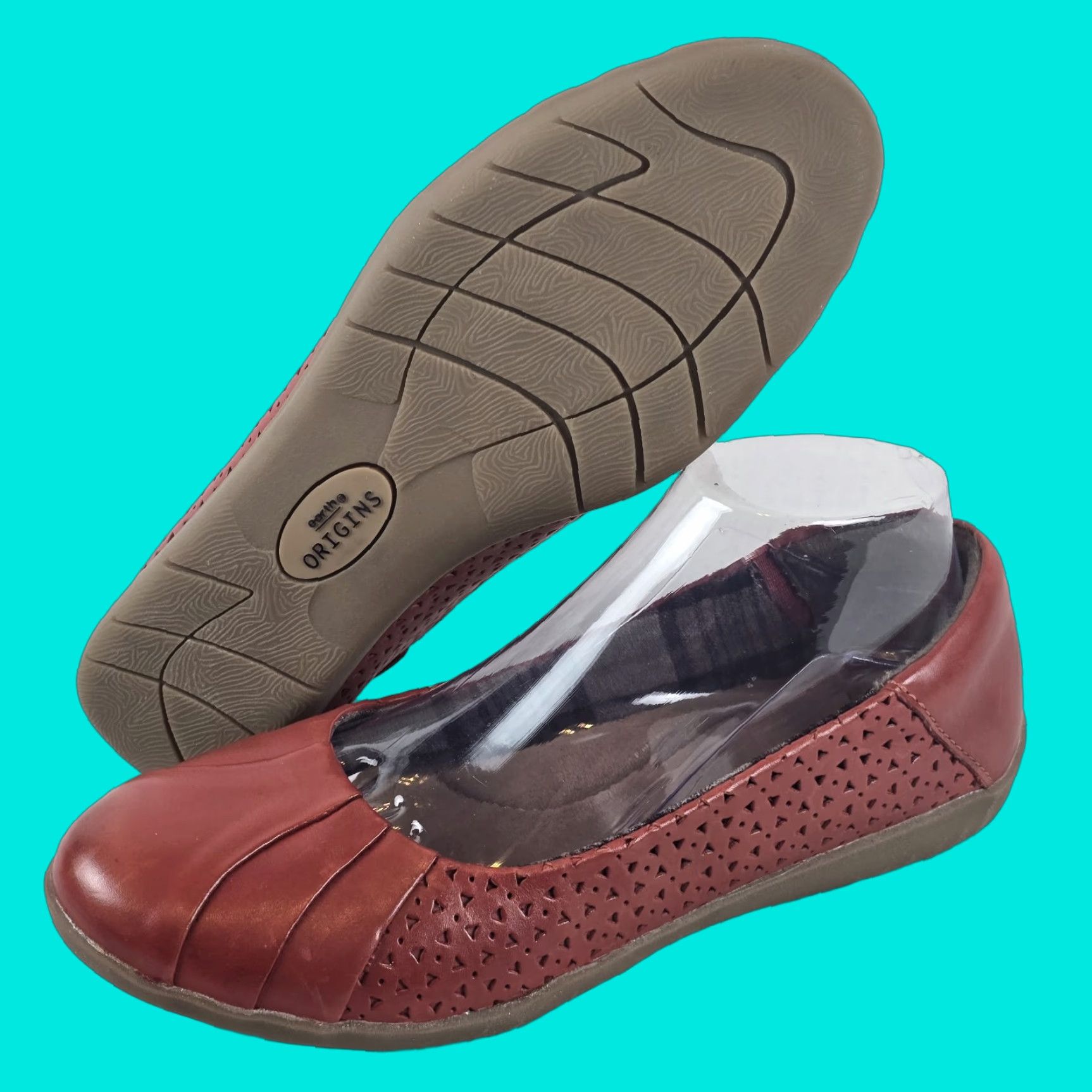 Vintage Earth Origins Fiona Flex Flats Women's Size 9 Paprika Orange Leather Slip-On Comfort Loafers, Casual Ballet Style, Laser Cut, Flat Heel Shoes