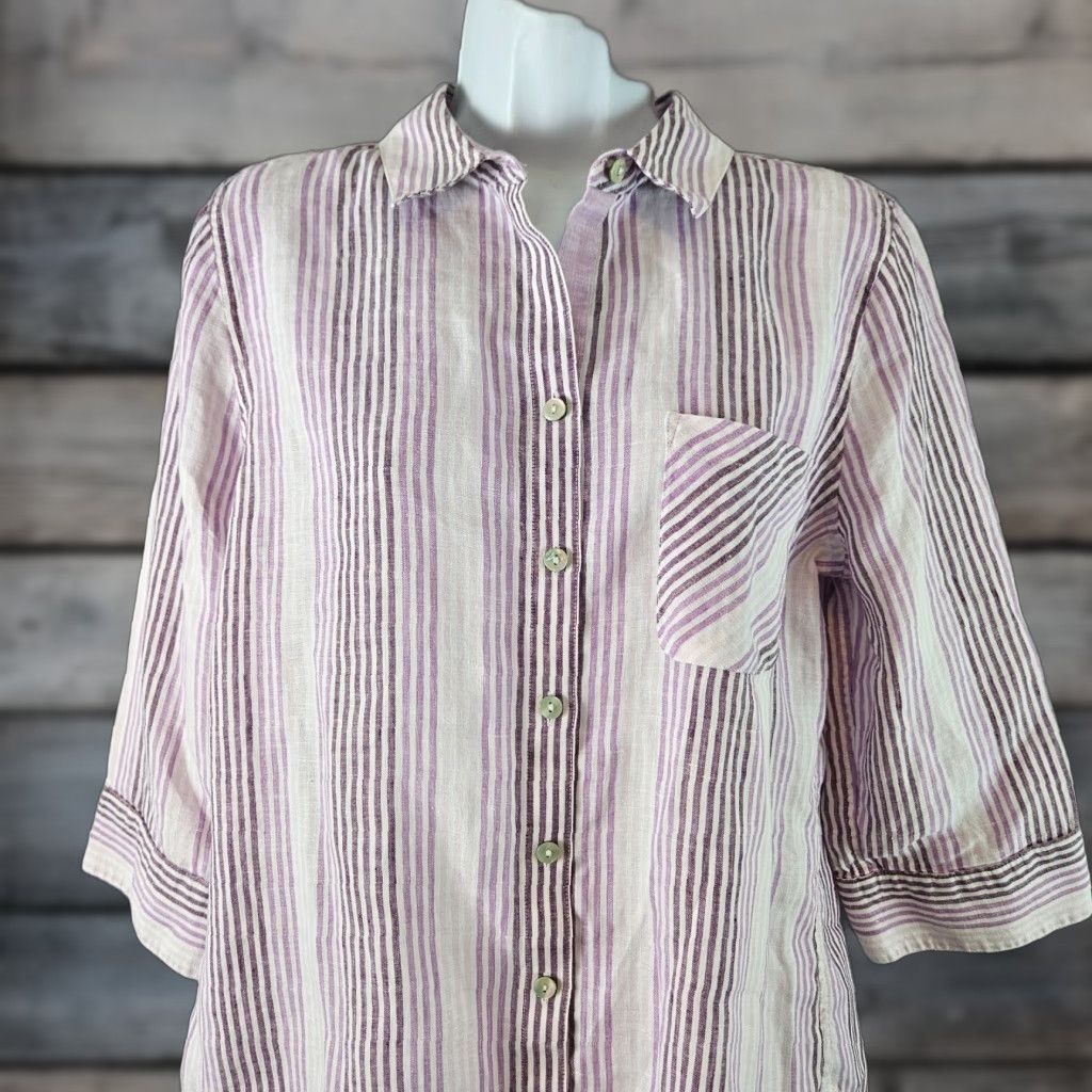Vintage Chico's Womens No Iron Button Up Top Sz M Purple Stripe 3/4 Sleeve Linen Shirt Adult Medium Womens Size M / US 6-8 / IT 42-44 - 1 Thumbnail
