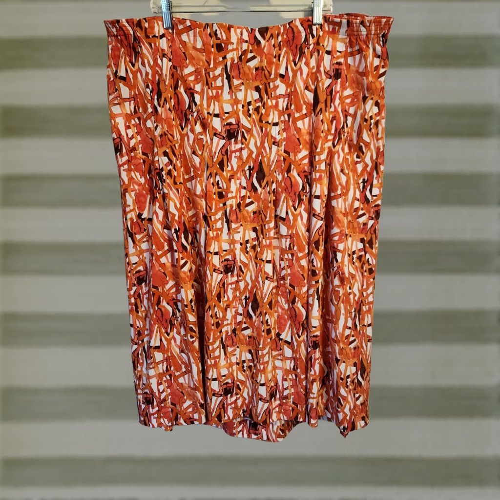 Vintage Maggie Barnes Skirt Maxi Elastic Waist Geometric Print 3X White Orange Womens Plus Long Size 40" / US 18 - 1 Thumbnail