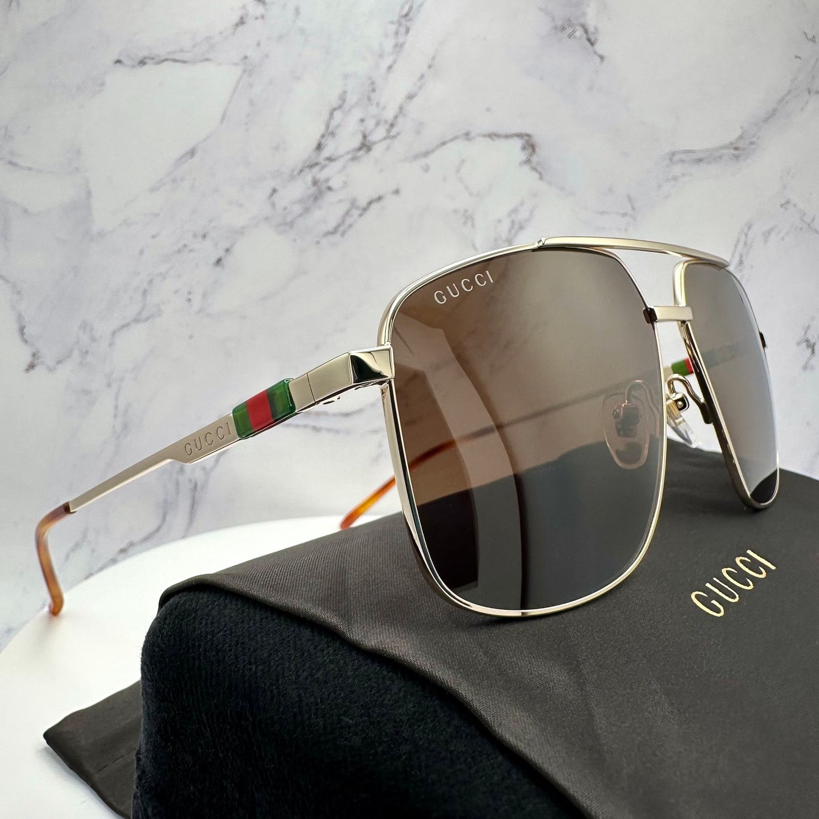 Gucci New GUCCI Sunglasses Gold Metal Square Aviator Red Green Size ONE SIZE - 13 Thumbnail
