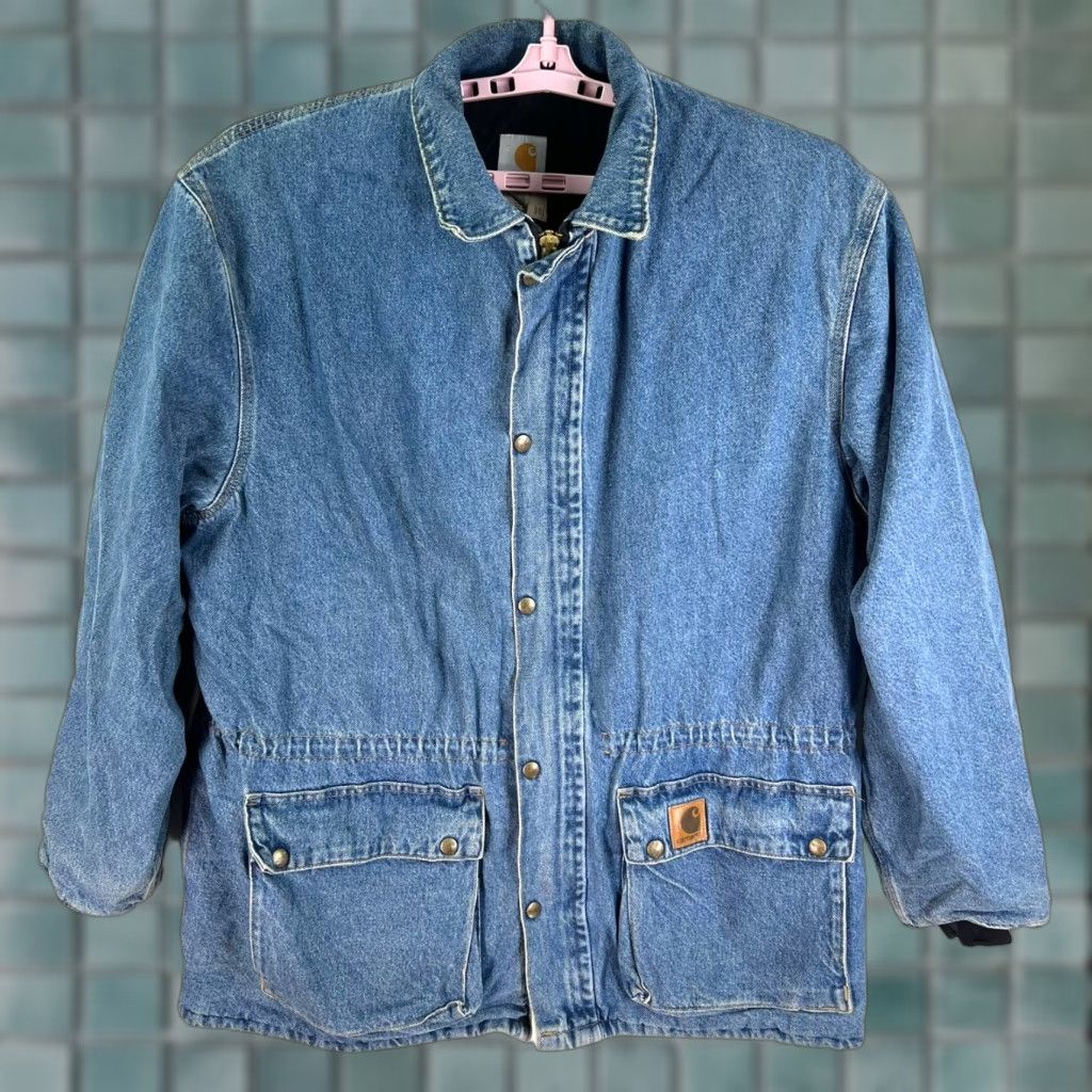 Carhartt VINTAGE Carhartt Coat Mens XL Blue Denim Lined Trucker Snap Zip Outdoor Workwear Size US XL / EU 56 / 4 - 1 Thumbnail
