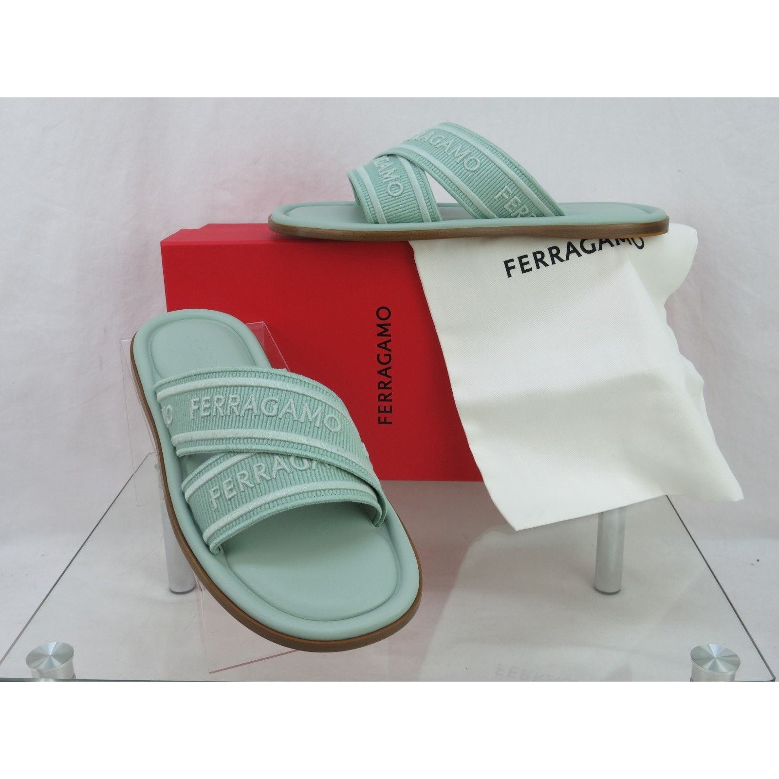 Salvatore Ferragamo FERRAGAMO LAURENE LIGHT GREEN LOGO FLATS SANDALS SLIDES 9 C Size US 9 / IT 39 - 3 Thumbnail