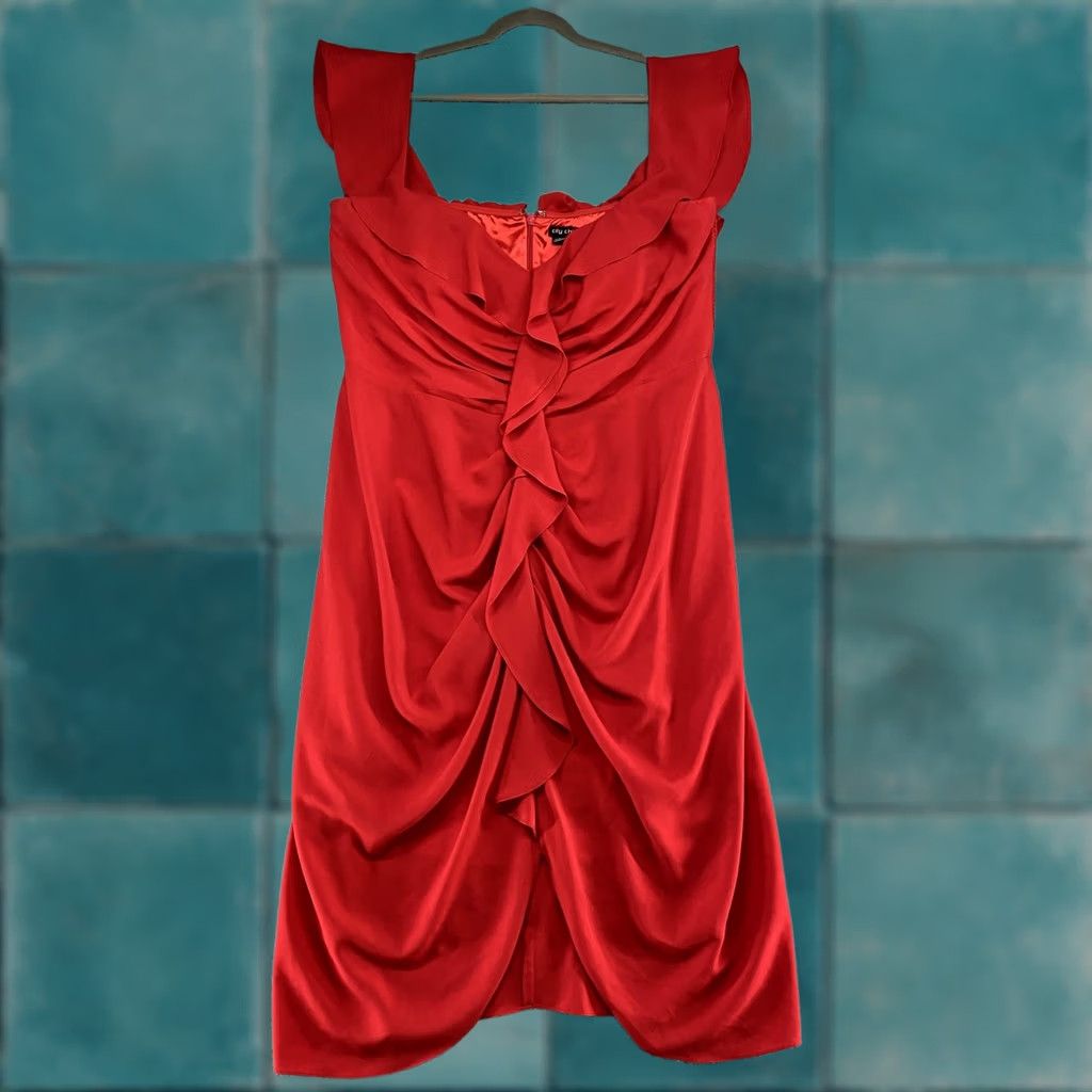 Vintage City Chic Dress Womens XL/22 Red Satin Ruffle Ruched Sheath Valentines Going Out Shirt? Size 3XL / US 20-22 - 1 Thumbnail