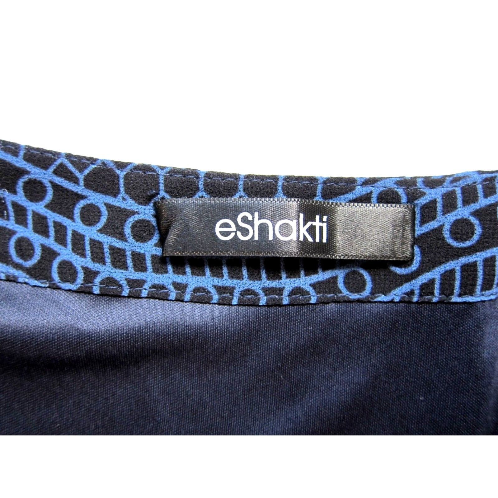 Vintage eShakti Maxi Dress Geometric Blue Black Sheer Short Sleeve V-Neck Pocket Long XL Size 40" / US 18 - 3 Thumbnail