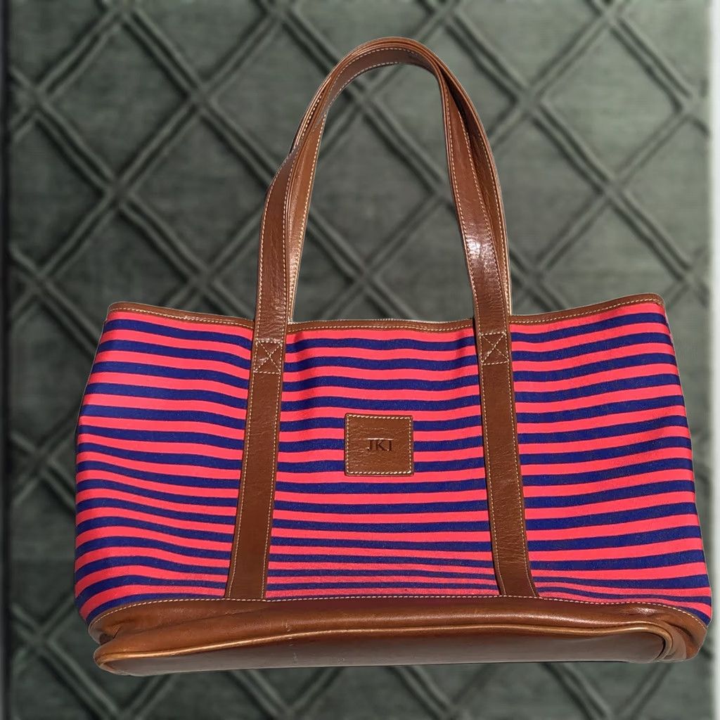Vintage Barrington Tote Bag in Red / Blue w/Brown Leather Trim - Tote, Barrington, Women, Large, Red/Blue/Brown, Classic, Designer, 90s? Size ONE SIZE - 1 Thumbnail