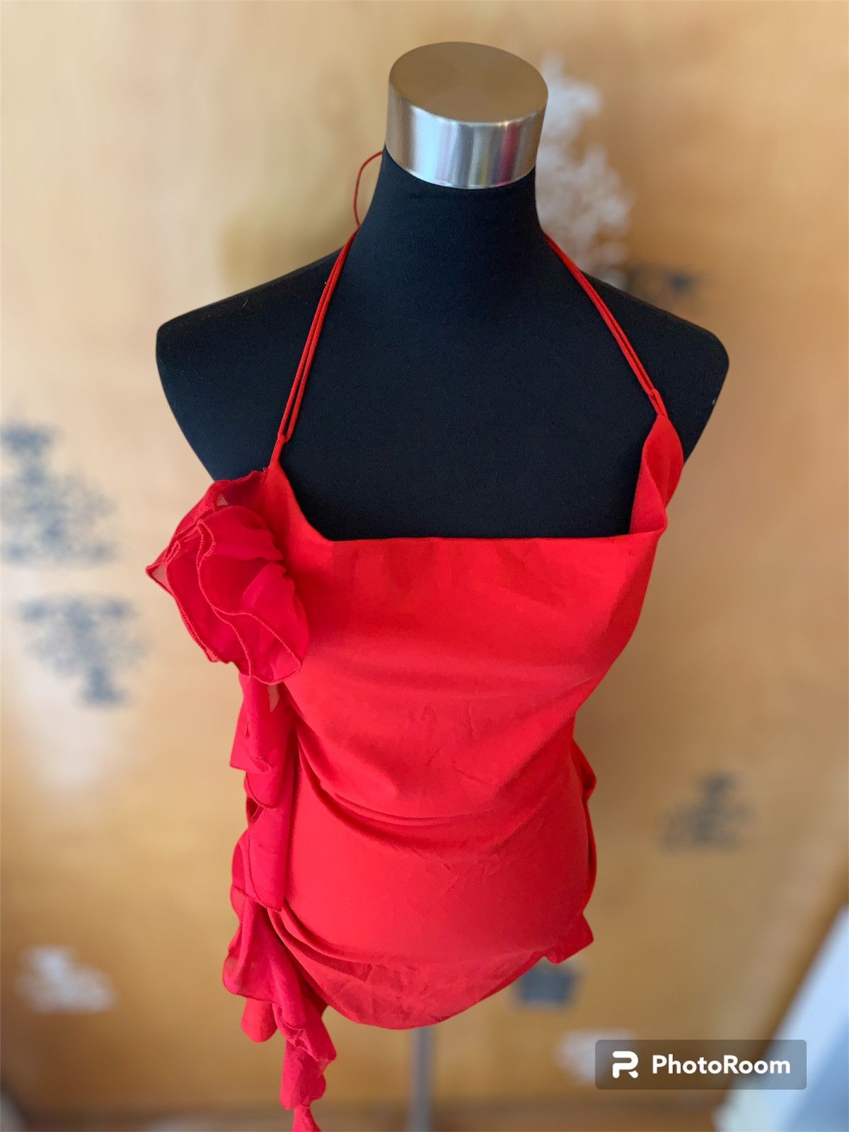 Designer NWT Y2K Style Backless Red Halter Top w/ Side Ruffles Size M / US 6-8 / IT 42-44 - 12 Thumbnail