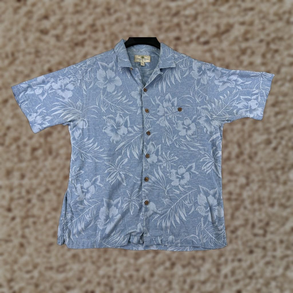 Vintage Cooke Street Island Shares Shirt Mens Large Blue Floral Hawaiian Palm Button-Up Silk Cotton 100% Silk Size US L / EU 52-54 / 3 - 1 Thumbnail