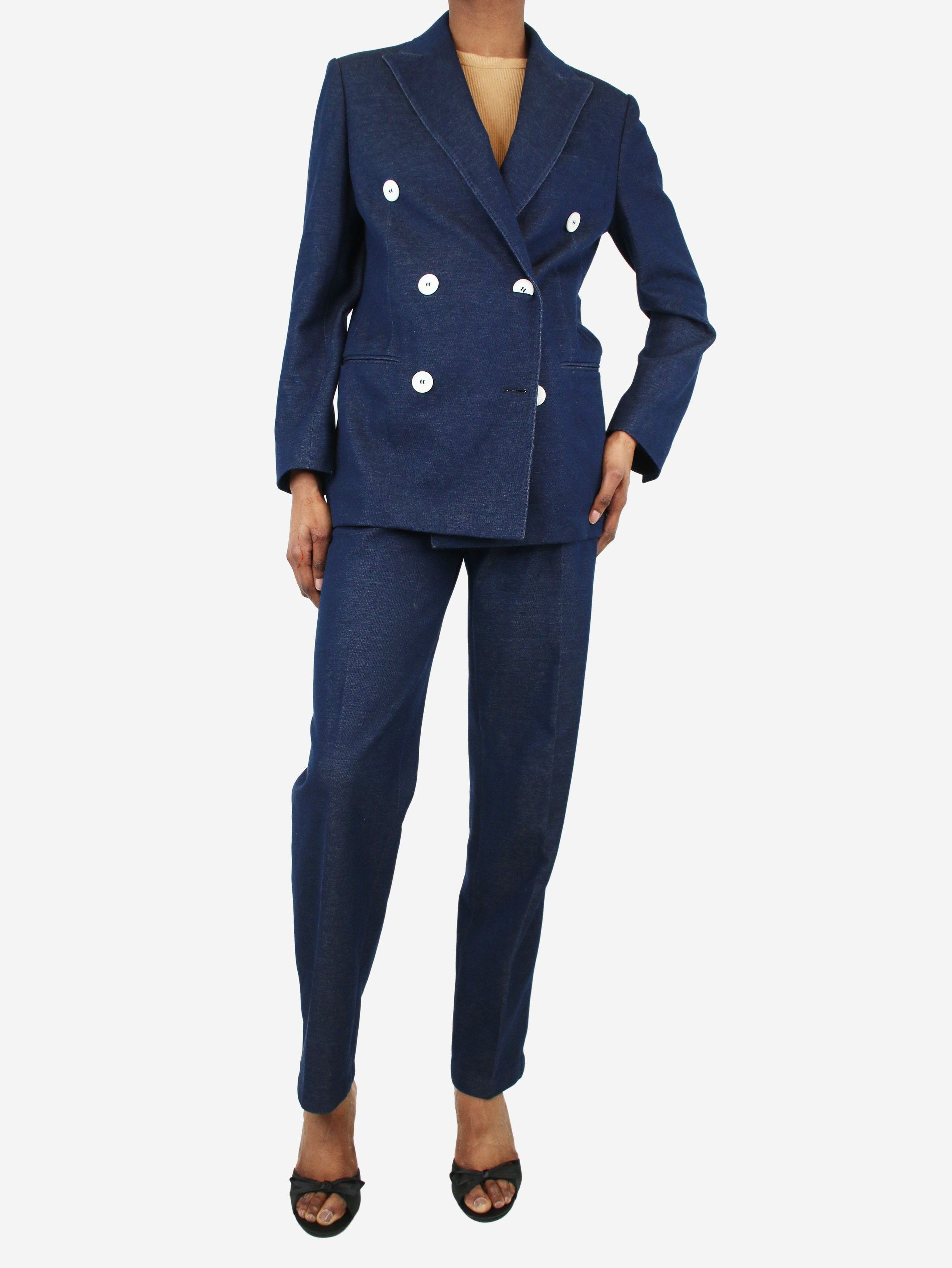 image of Max Mara Blue Double-Breasted Denim Blazer And High-Rise Trousers Set, Women's (Size XS)