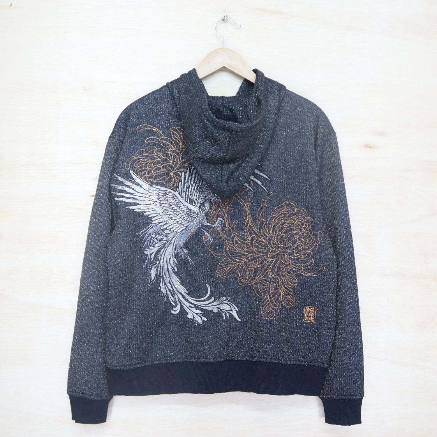 image of Sukajan Souvenir Jacket x Vintage Karakuri Tamashii Sukajan Phoenix Bird Baggy Boxy Big Logo in Bla