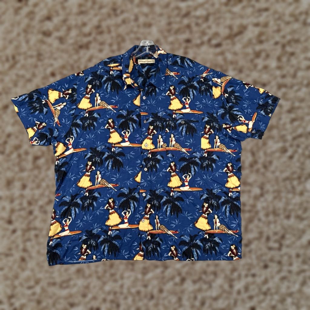 Vintage Munsingwear Shirt Men 2XL Blue Floral Palm Luau Hawaiian – Button-Up, Short Sleeve, Rayon, Vintage? No, Regular Fit, Hoικές (Oops) Size US XXL / EU 58 / 5 - 1 Thumbnail