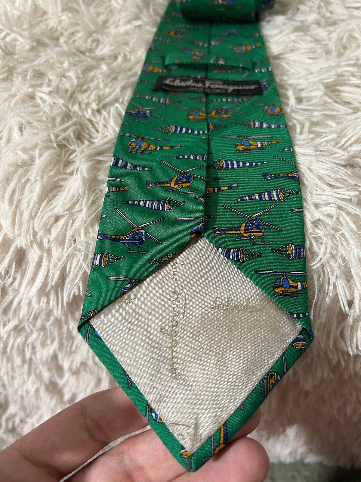 Salvatore Ferragamo SALVATORE FERRAGAMO Helicopter Green Silk Tie VINTAGE Size ONE SIZE - 3 Thumbnail