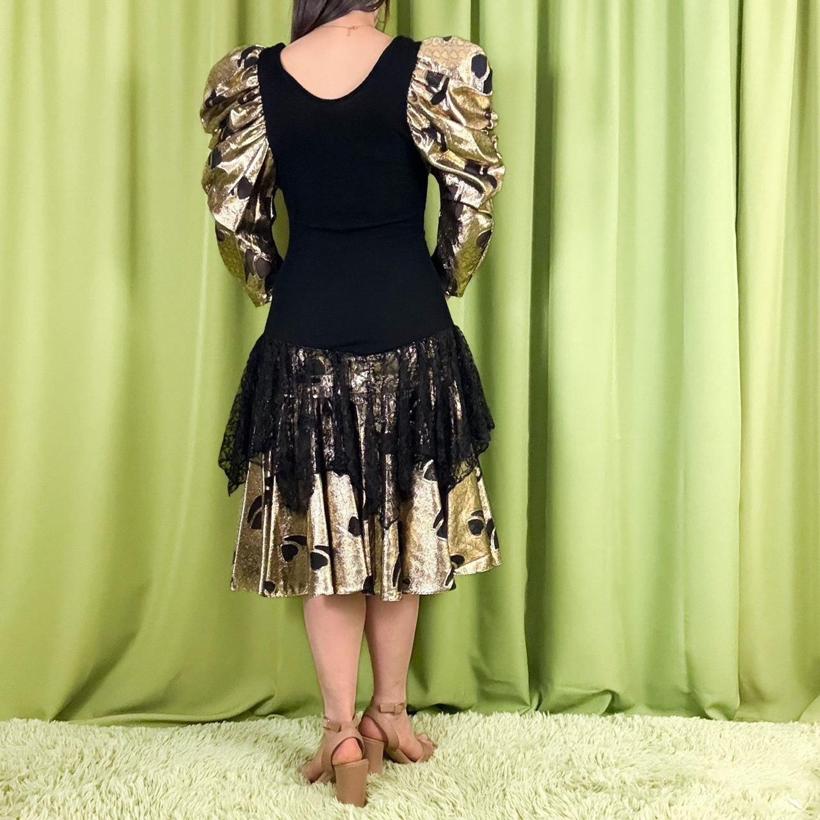 Vintage 80s Vintage Black Gold Metallic Heart Puff Sleeve Gown Size S / US 4 / IT 40 - 5 Thumbnail