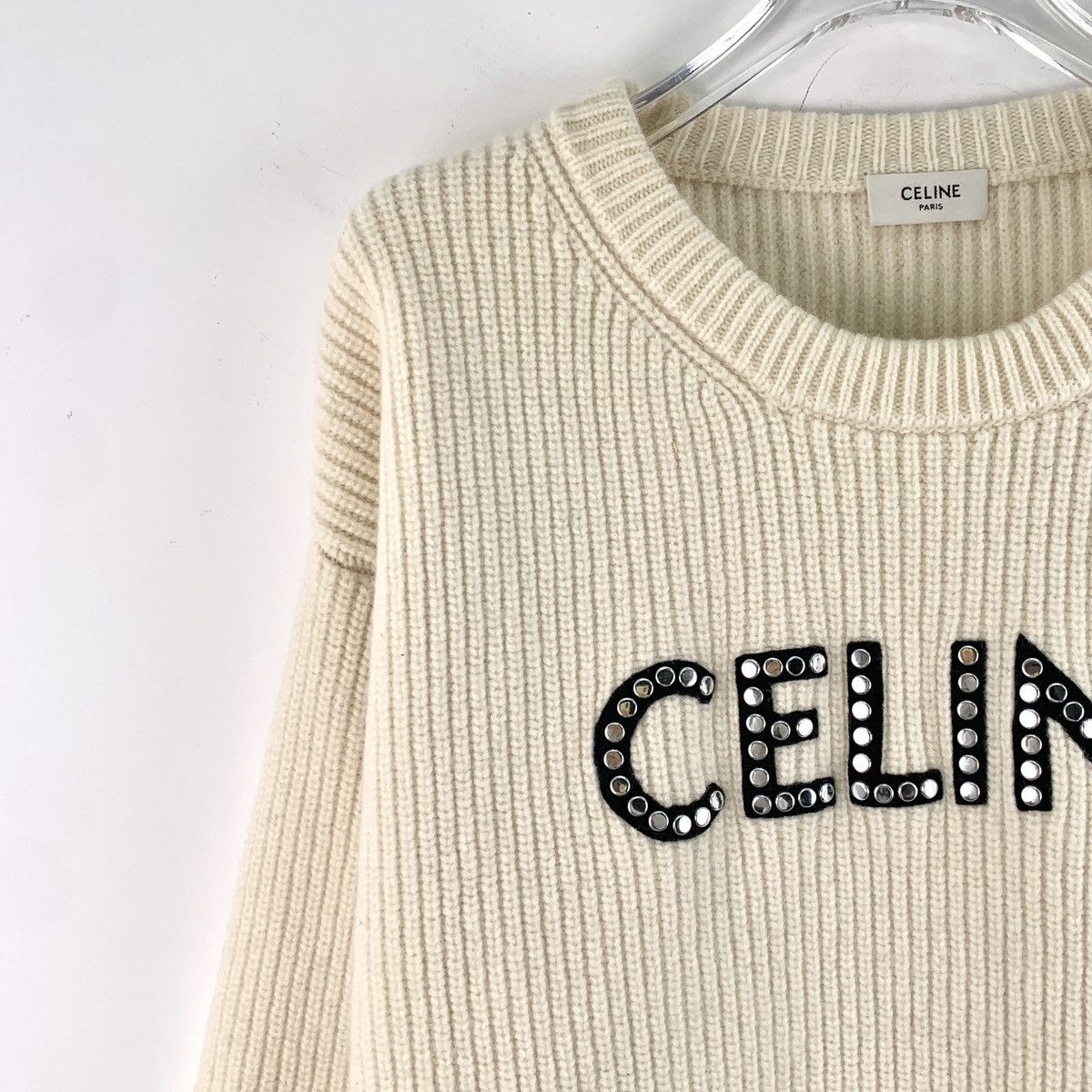 Celine Celine Off-white Logo Crew Neck Wool Knit Sweater K26WX Size S / US 4 / IT 40 - 3 Thumbnail
