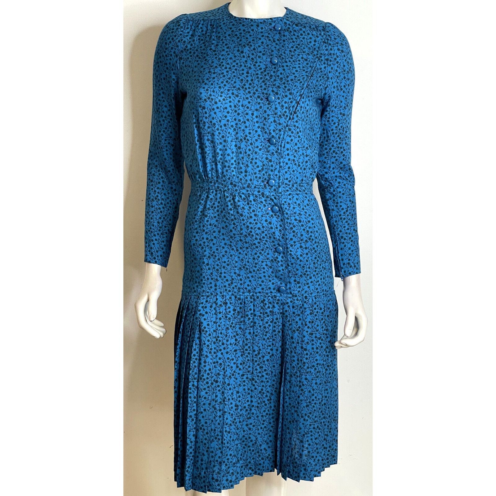 Valentino Vintage Valentino Boutique Blue Floral Wool Dress 10 Pleated Size L / US 10 / IT 46 - 1 Thumbnail