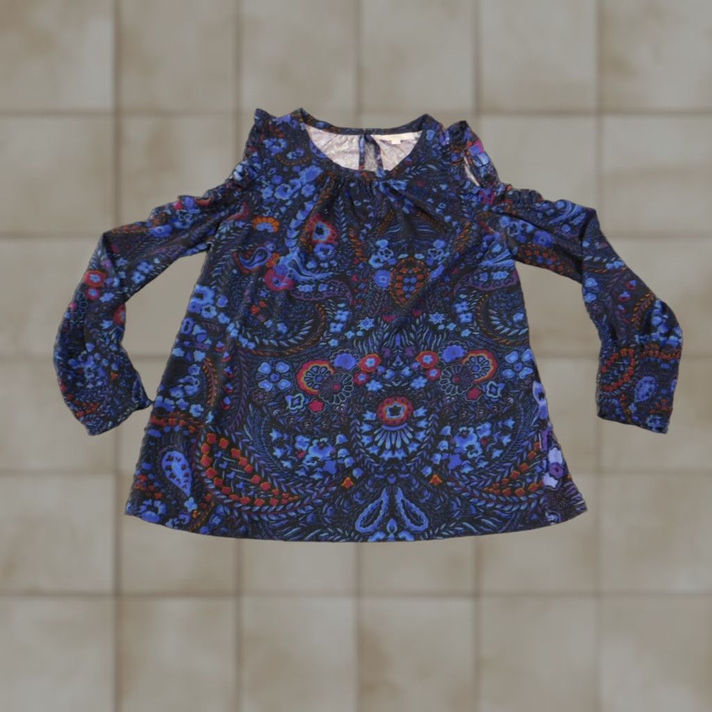 Loft LOFT Shirt Womens Large Navy Blue Paisley Cold Shoulder Ruffle Long Sleeve Boho Size L / US 10 / IT 46 - 1 Thumbnail