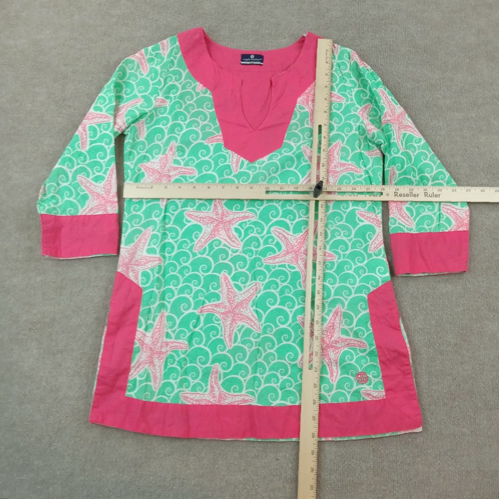 Pinko Simply Southern Pink Green Starfish 3/4 Sleeve Tunic Top Womens Small Cotton Knit Easy Care Size S / US 4 / IT 40 - 2 Thumbnail