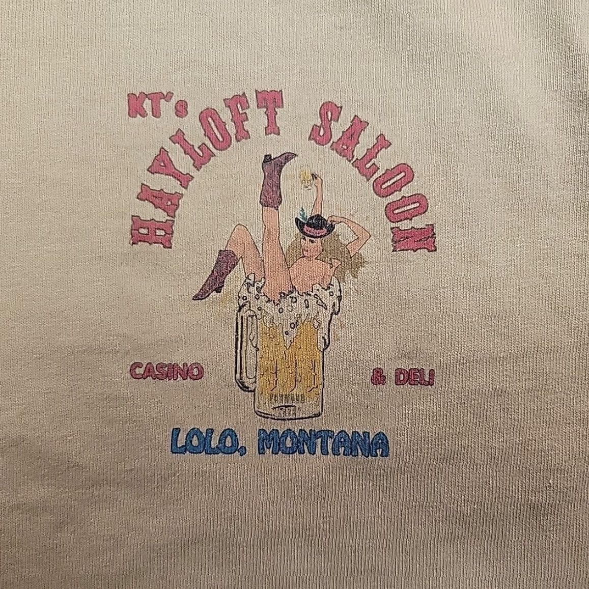 Vintage KT's Hayloft Saloon Shirt Mens XL Khaki Beer Casino Bar Deli Retro Vintage Cotton Graphic Print Crew Neck Short Sleeve T-Shirt MT 80s 90s Mens Size US XL / EU 56 / 4 - 2 Thumbnail