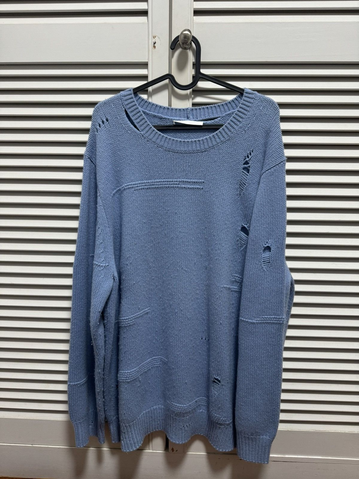 Helmut Lang Light Blue Distressed Sweater Size US L / EU 52-54 / 3 - 1 Thumbnail