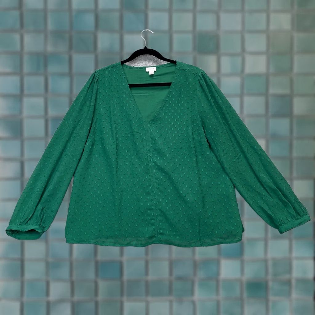 J.Crew VINTAGE J.CREW Blouse Shirt Womens Large Green V-Neck Puff Sleeve Lined Pattern: Solid Blouse Shirt Size L / US 10 / IT 46 - 1 Thumbnail