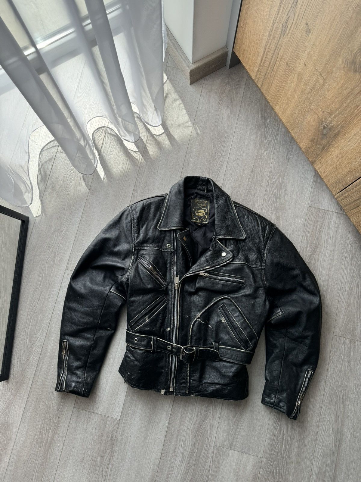 image of Leather Jacket x Moto Vintage 90's Fast Black Leather Moto Biker Jacket, Men's (Size Large)