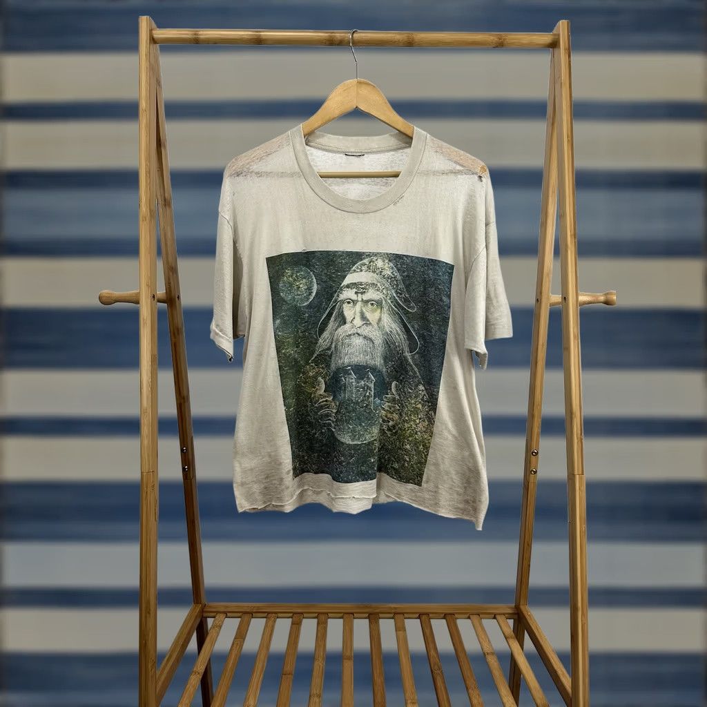 Vintage VTG Wizard Gandalf Renaissance Festival Paper Thin Burnout Worn Boxy T-Shirt XL Cream Mens Short Sleeve Cropped Distressed 90s Theme Shirt Size US XL / EU 56 / 4 - 1 Thumbnail