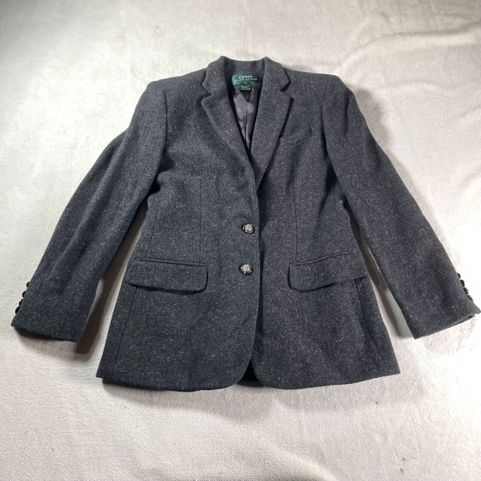 image of Ralph Laurent Blazer Womens 8 Gray Heathered Wool Tweed 2 Button Horse Embroiderd in White (Size Me