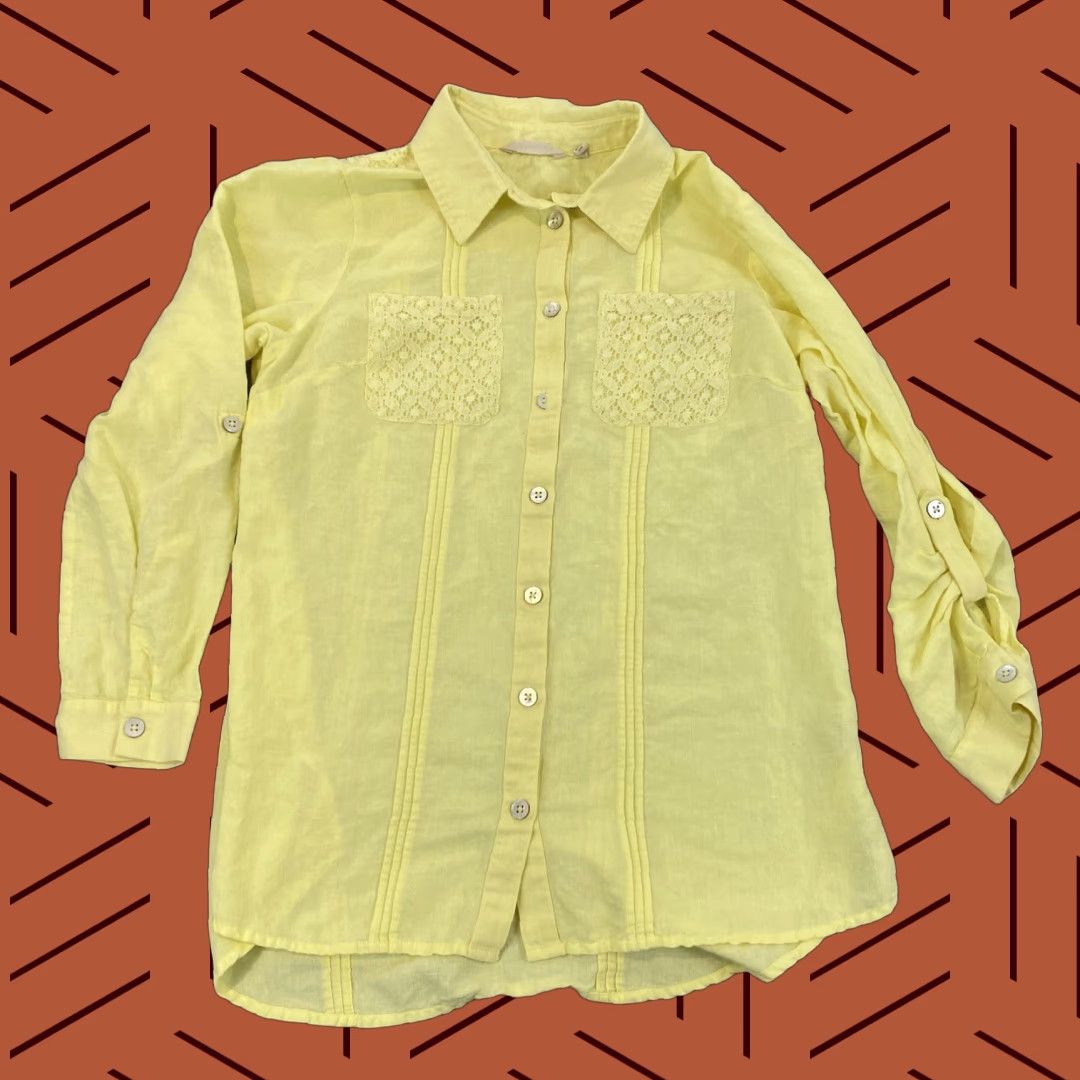 Soft Surroundings SOFT SURROUNDINGS Shirt Womens Small Yellow Surfspray Tunic Top Floral Roll Tab Sleeve Button-Up Size S / US 4 / IT 40 - 1 Thumbnail