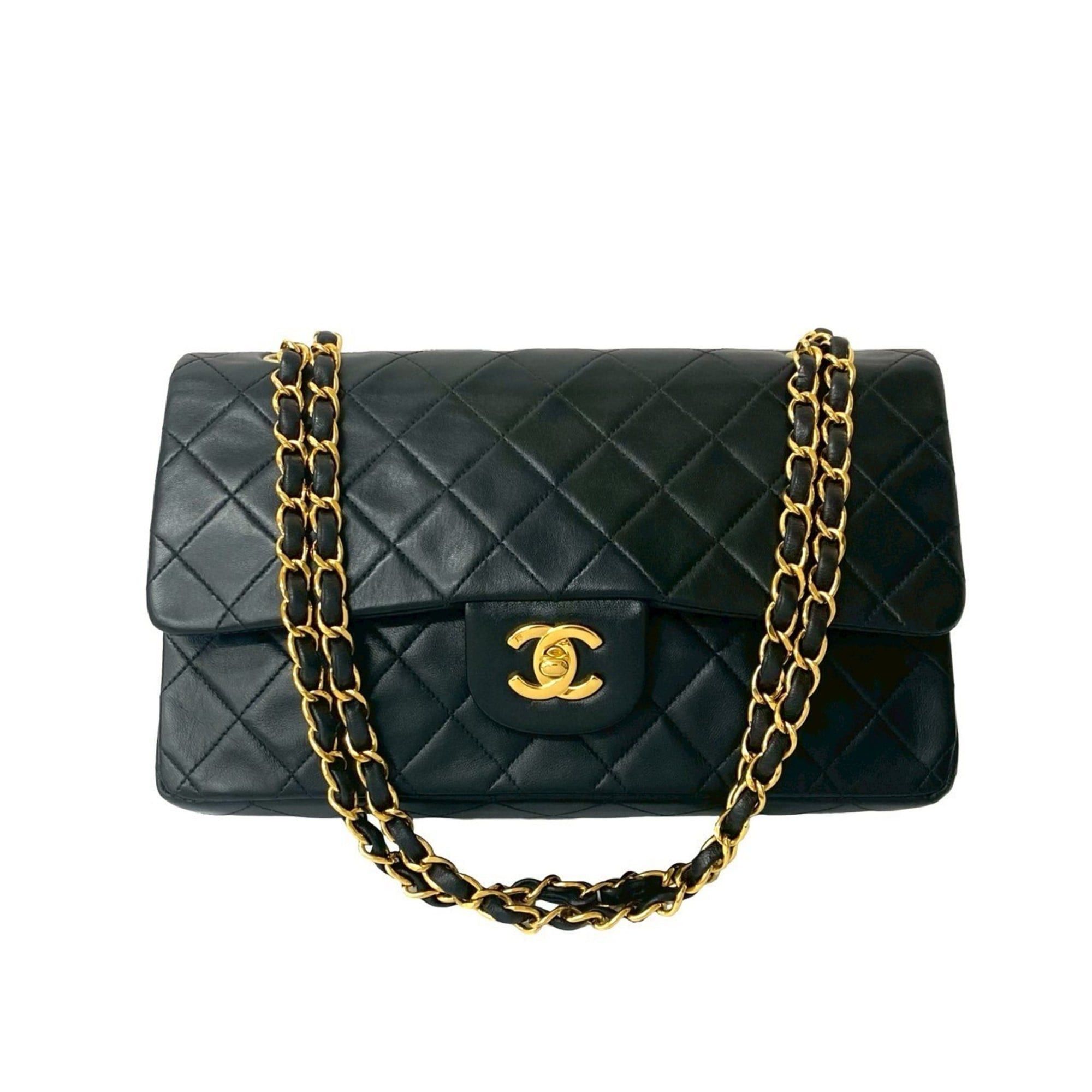 CHANEL Matelasse Coco Mark Double Flap Lambskin Chain Shoulder Bag Black 43484