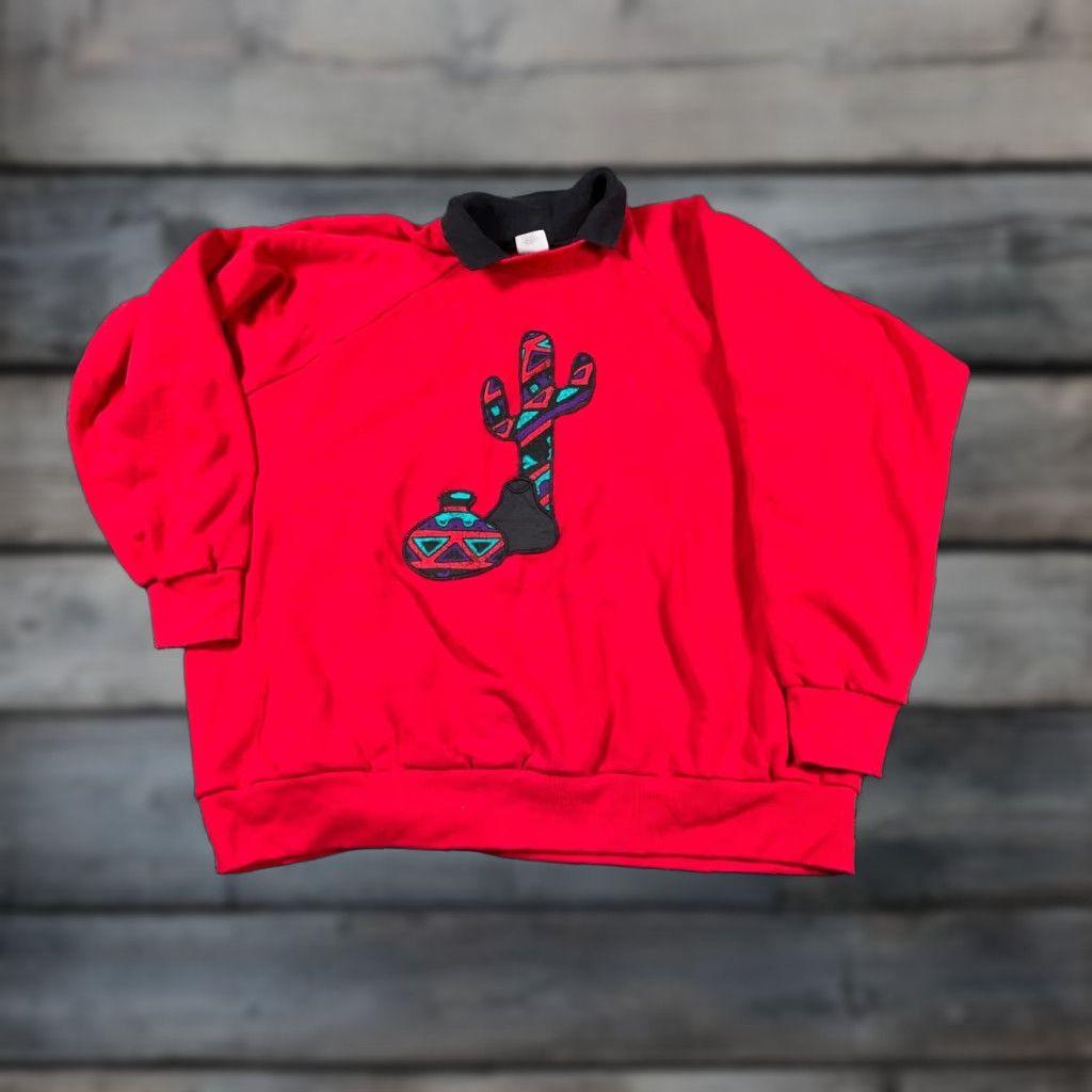 Vintage VTG Southwestern Cactus Motif Collared Sweatshirt 3XL Adult Red 50-50 USA Made Size US XXL / EU 58 / 5 - 1 Thumbnail