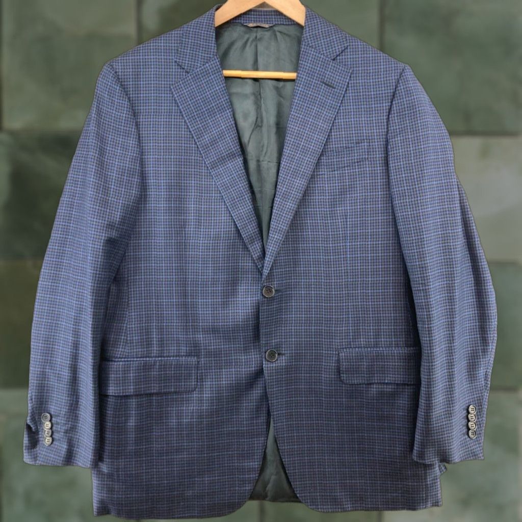 Trussini E Thomas Mens Suit Jacket 42 Blue Plaid - 90s Business Notch Lapel Single-Breasted Blue 42 Regular Mens Italy Made