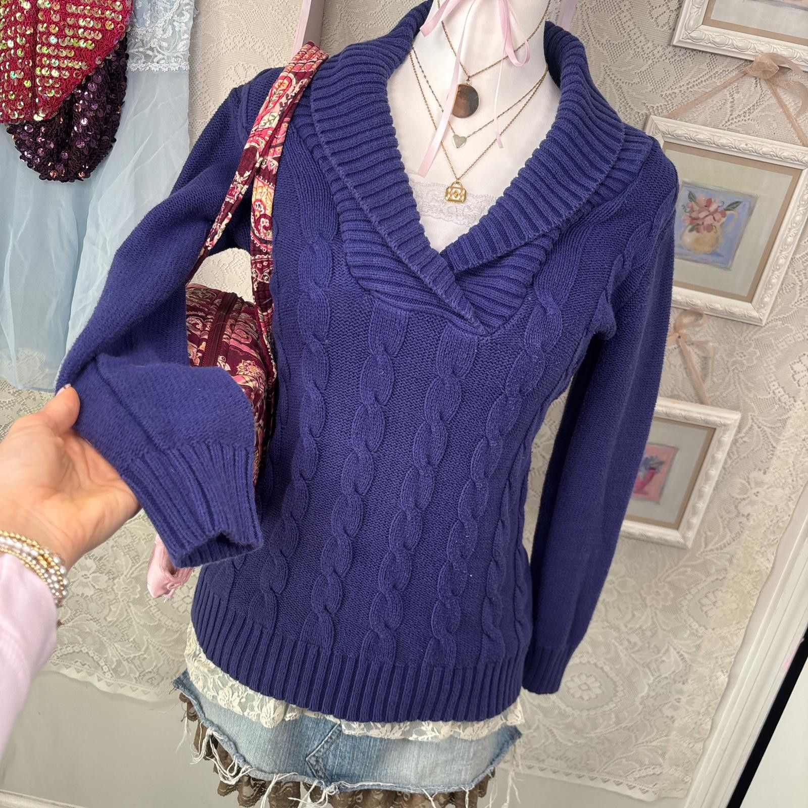 Style & Co vintage purple cable knit sweater with built in layered lace Size S / US 4 / IT 40 - 6 Thumbnail