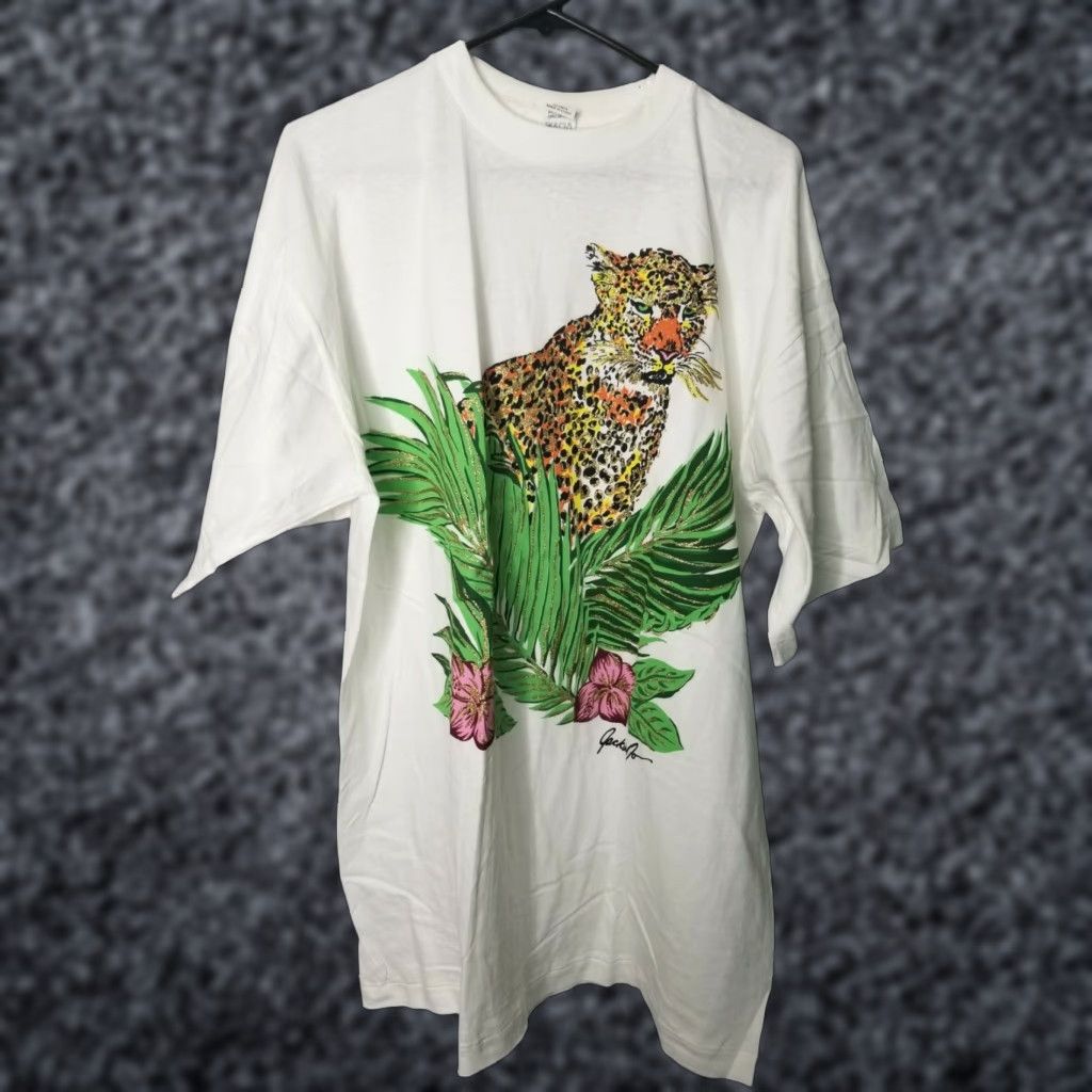 Vintage Vtg 80s Mens XL Jaguar Cheetah Tropic Glitter T Shirt Single Stitch Size US XL / EU 56 / 4 - 1 Thumbnail
