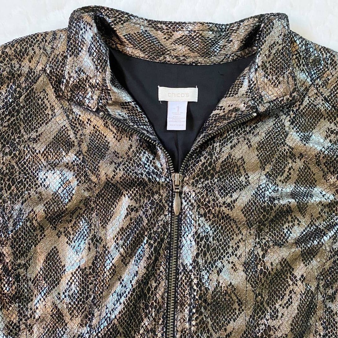 Chicos Chico’s Black Bronze Metallic Zip Jacket Snake Python Print Size M / US 6-8 / IT 42-44 - 13 Thumbnail