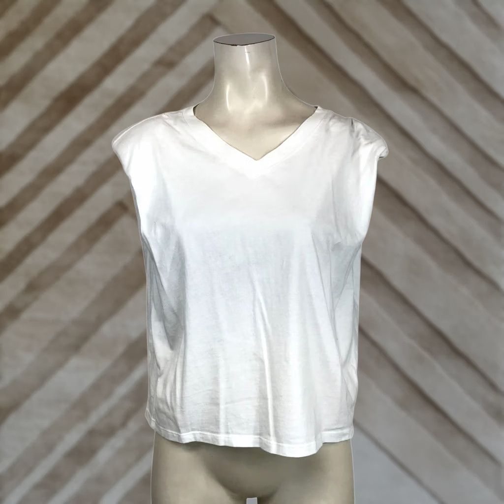 Vintage BABATON Shirt Womens XS White Short Sleeve Padded Shoulder V Neck Cotton Size XS / US 0-2 / IT 36-38 - 1 Thumbnail