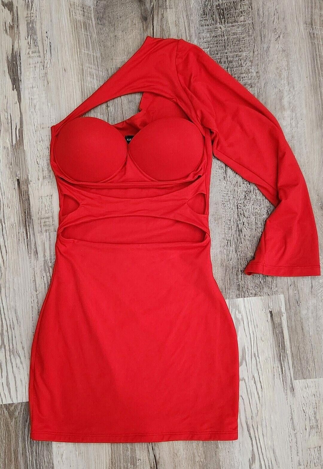 Designer Katherine Mayo Dress Red Cut Out Sexy Small One Sleeve Size S / US 4 / IT 40 - 8 Thumbnail