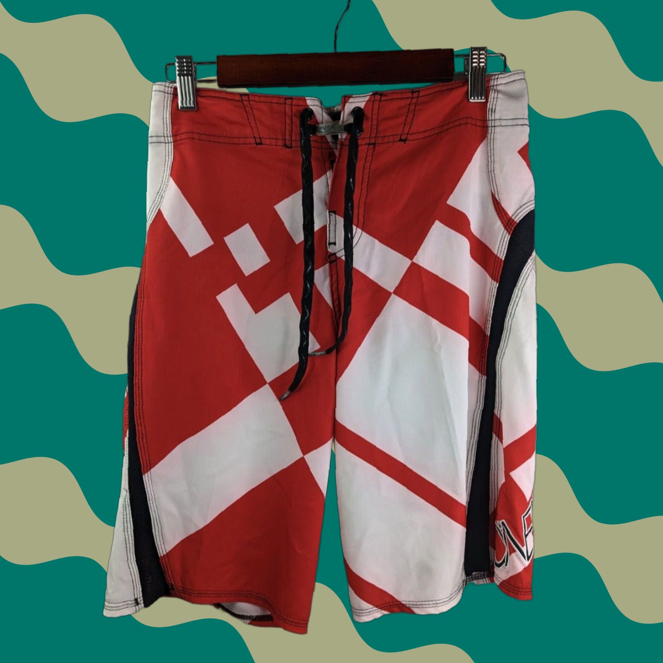 O'Neill O'Neill Board Shorts Mens 29 Geometric Multicolor Quick Dry Lightweight Side Pocket Drawstring Surf Beach Trunks 89/11 Polyester Elastaine Size US 29 - 1 Thumbnail