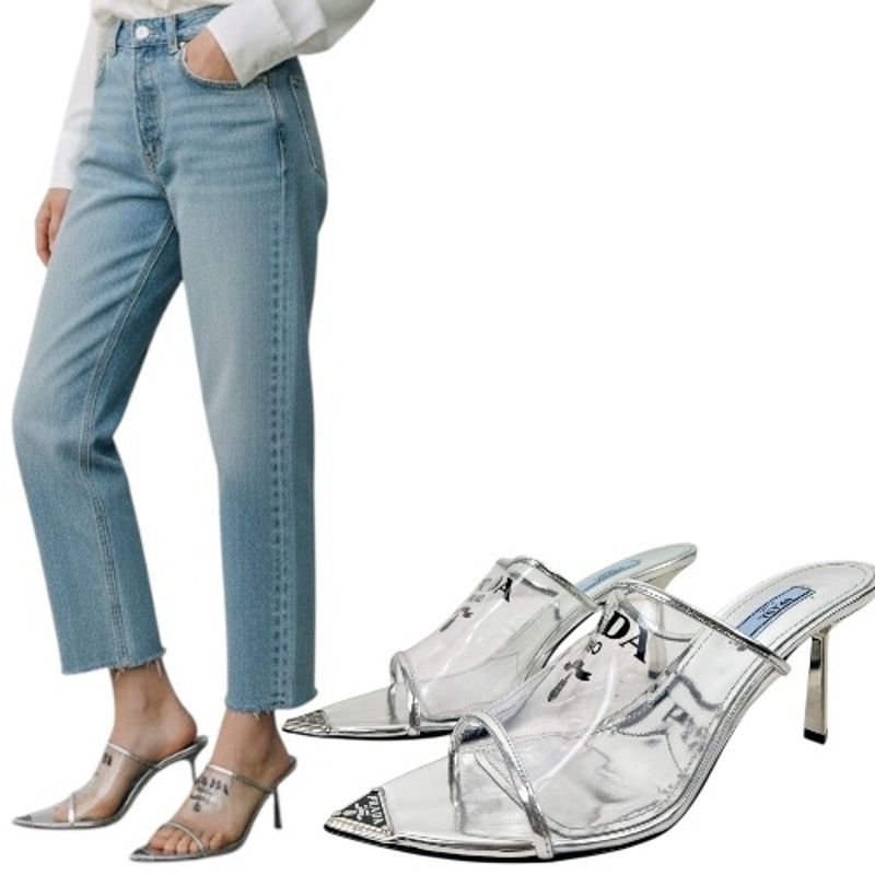 Prada Plex Transparent Pvc Triangle Logo Mule Sandals Silver