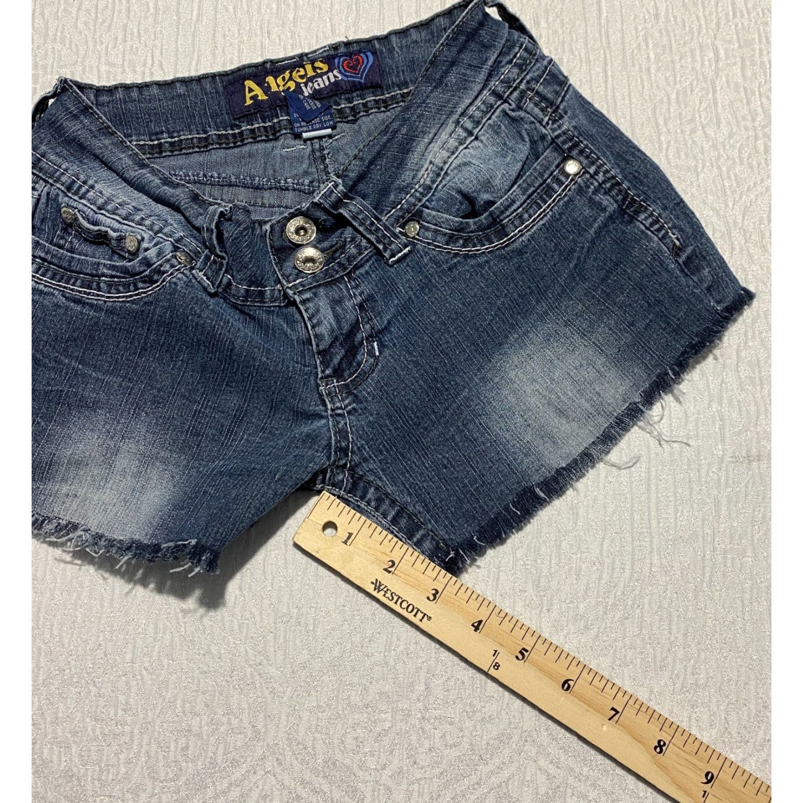 Vintage Angels Jeans Shorts Juniors Sz 1 Blue Cut Off Denim Jorts Stretch Raw Hem Pockets Casual Summer Beach Womens Girls Mens Size 42" / US 20 - 6 Thumbnail
