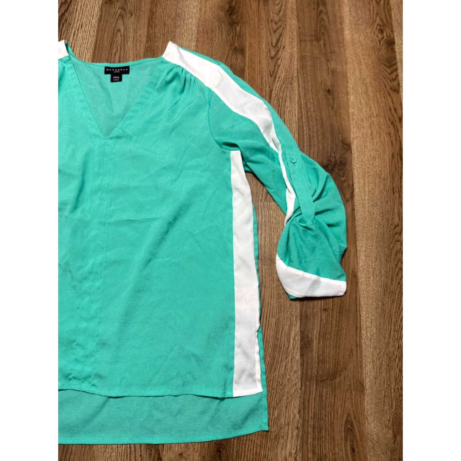 Vintage Metaphor Blouse Women's XL Petite Green White V-neck Long Sleeve Shirt Ladies Regular Fit - Modern Basic Casual - Womens Size XL / US 12-14 / IT 48-50 - 4 Thumbnail