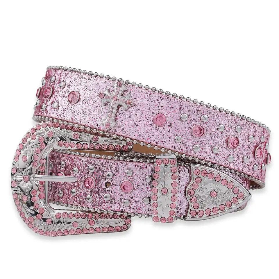 image of Leather Pink Cross-Rivet Rhinestone Belt, Men's
