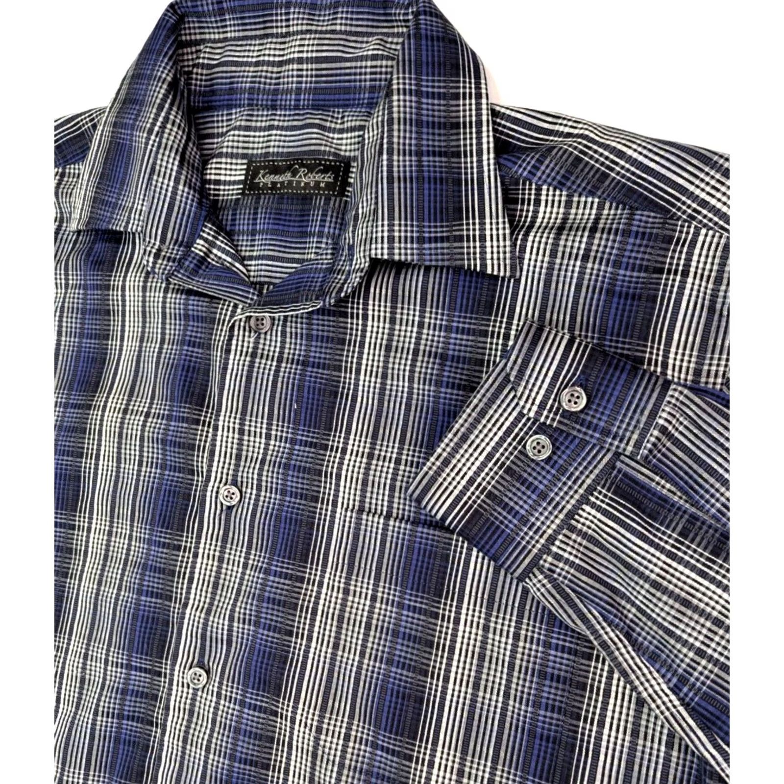 Vintage Kenneth Roberts Platinum Button-Up Shirt XL Men Plaid Blue Gray Long Sleeve Cotton Shirt Size US XL / EU 56 / 4 - 2 Thumbnail