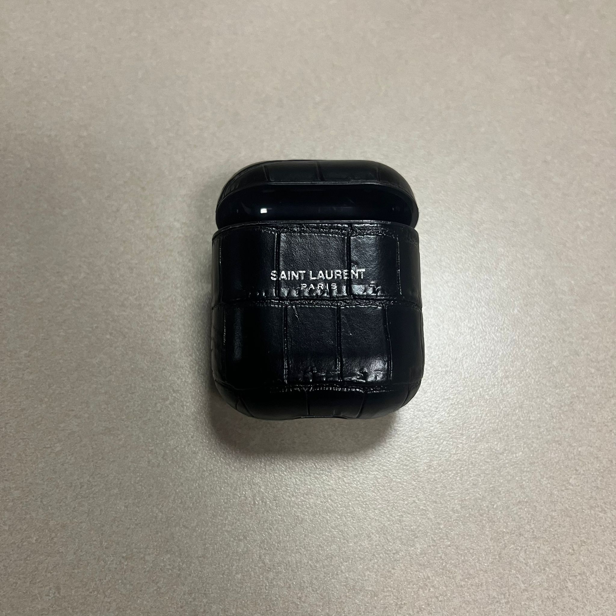 Saint Laurent Paris Airpods Croc Effect Case in Black Size ONE SIZE - 1 Thumbnail