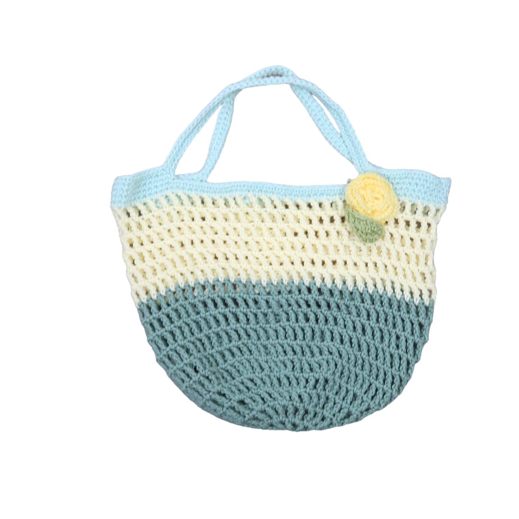 Vintage VINTAGE Tote Purse Green Yellow Open Knit Crochet Handbag Rosette Detail Women 15” Across 10” Height Casual Size ONE SIZE - 3 Thumbnail