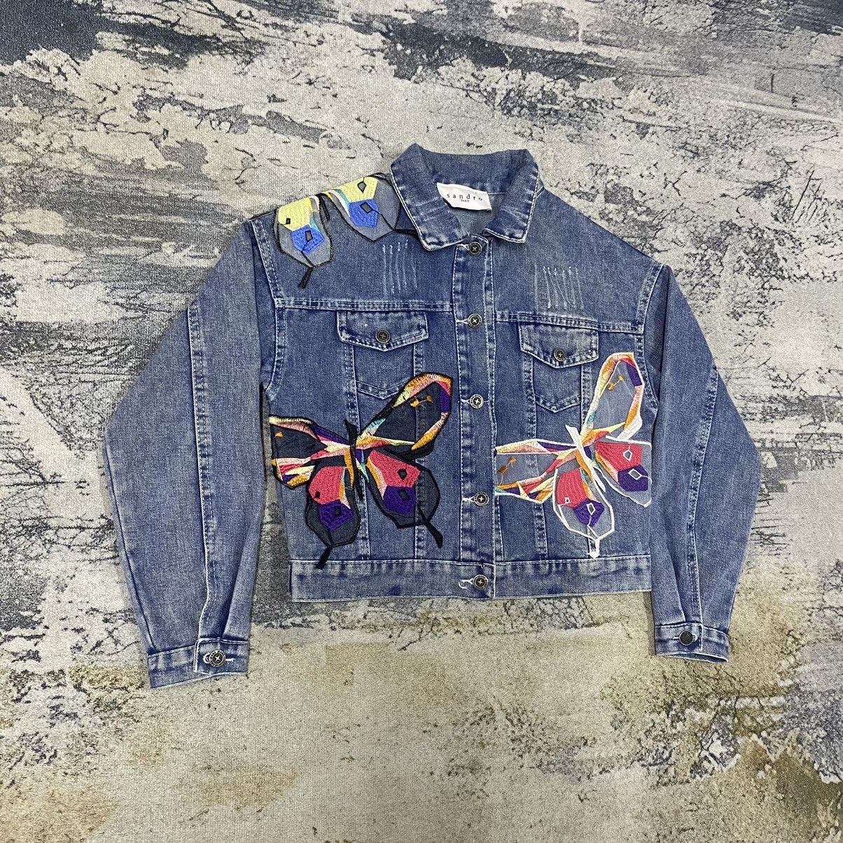 Sandro Gcw23🔥Sandro Butterfly PatchWork Light Washed Denim Jacket Size M / US 6-8 / IT 42-44 - 3 Thumbnail