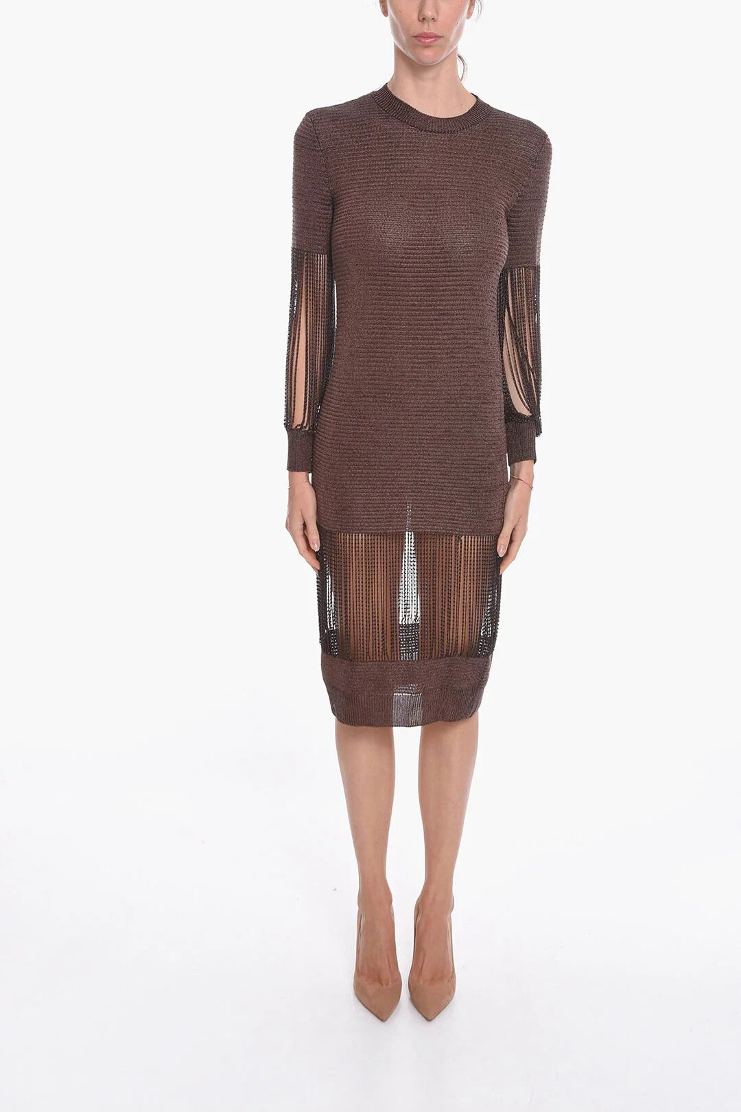 Bottega Veneta og1mm0426 Viscose Lamé Knit Midi Dress in Brown Size M / US 6-8 / IT 42-44 - 1 Thumbnail