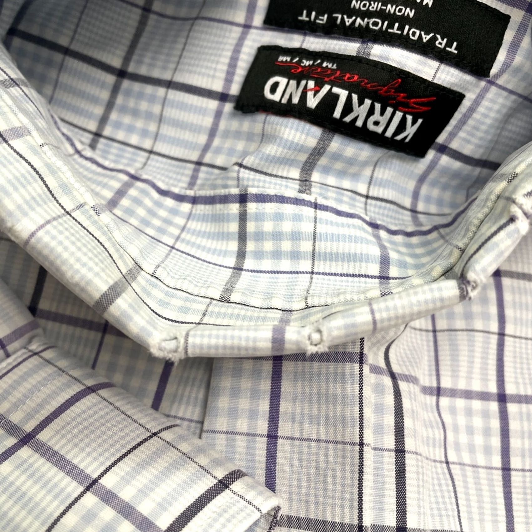 Vintage Kirkland Signature Traditional Fit Non Iron Dress Shirt Blue Plaid Mens Large Size 42R - 6 Thumbnail