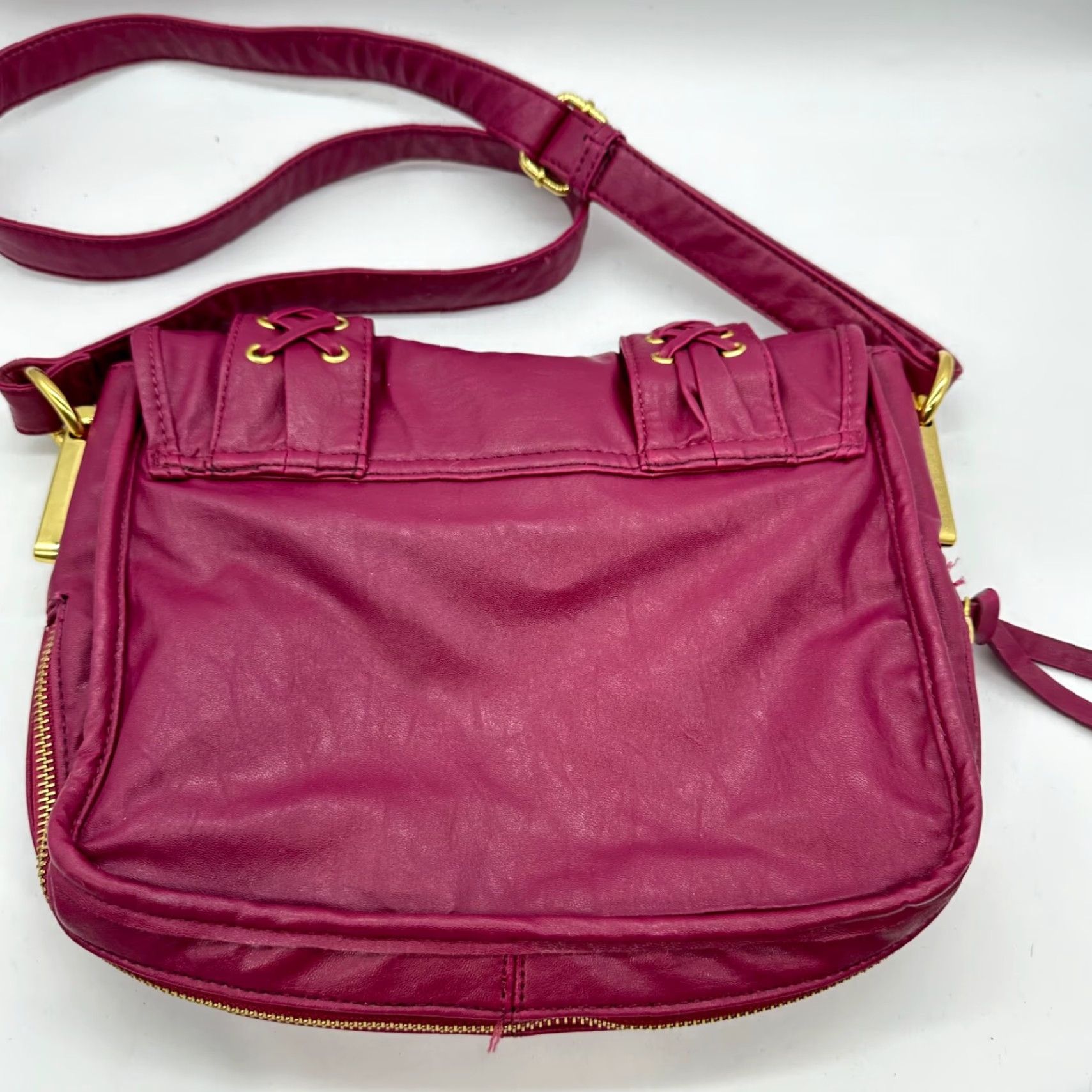 Vintage RJ Womens Crossbody Bag Purse Pink Magenta Gold Laced Faux Leather Fold Over Crossbody Size ONE SIZE - 5 Thumbnail